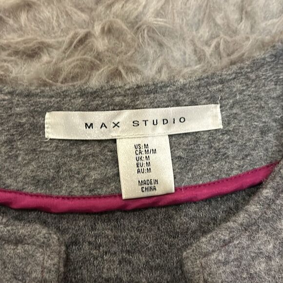 Max studio boiled wool gray,‎ red and pink color block long open cardigan - Picture 2 of 5